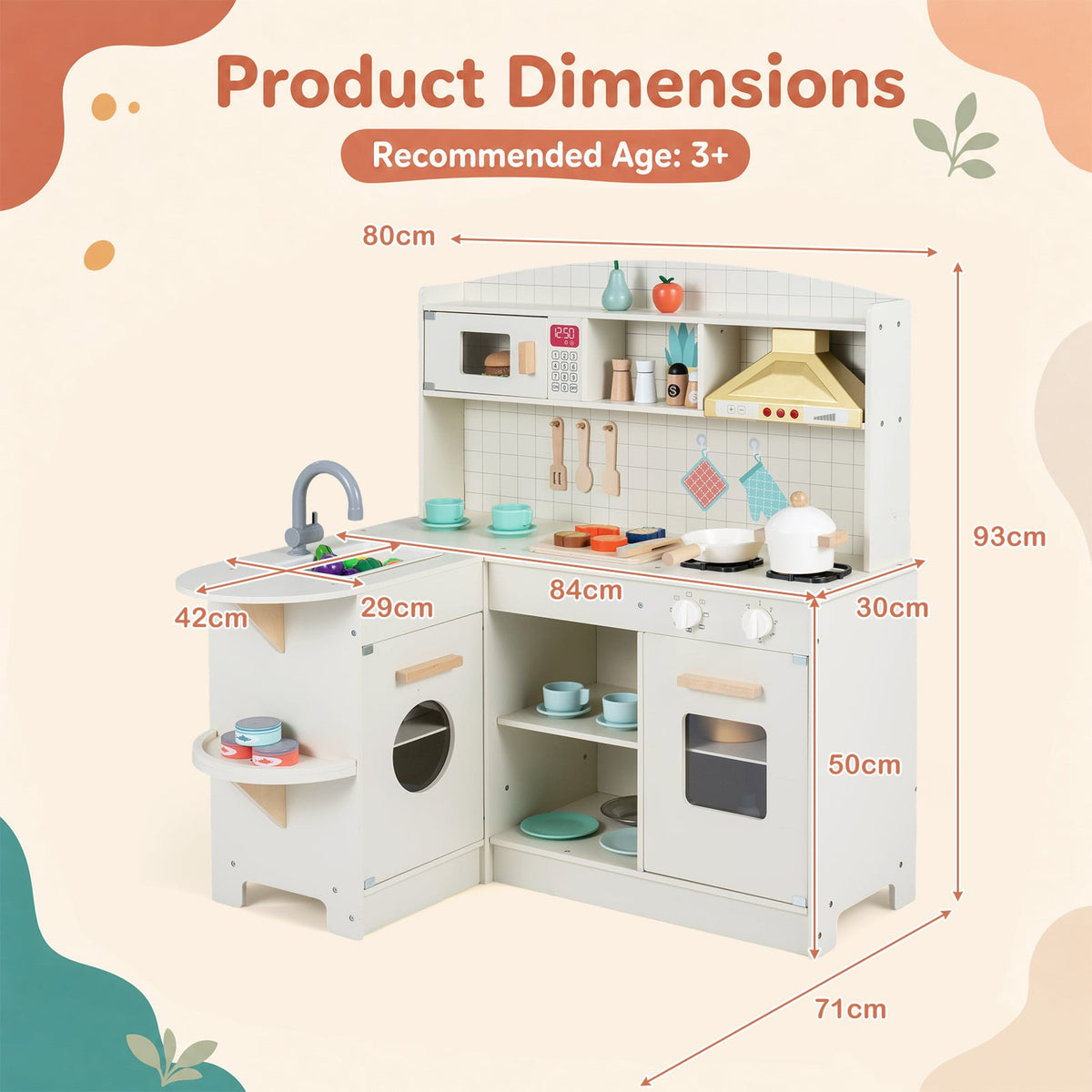 Wooden Play Kitchen with Lights and Sounds for Toddlers Ages 3+-White