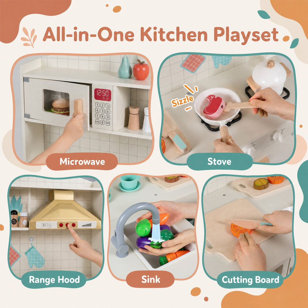 Wooden Play Kitchen with Lights and Sounds for Toddlers Ages 3+-White