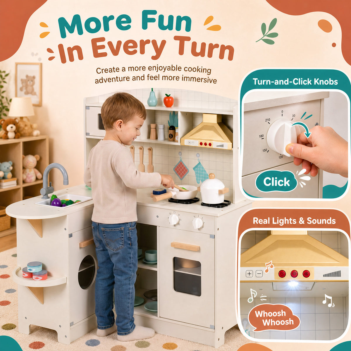 Wooden Play Kitchen with Lights and Sounds for Toddlers Ages 3+-White