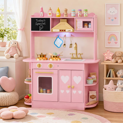 Wooden Play Kitchen with Real Lights Sounds and Storage for Kids Toddlers-Pink