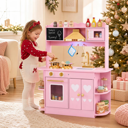 Wooden Play Kitchen with Real Lights Sounds and Storage for Kids Toddlers-Pink