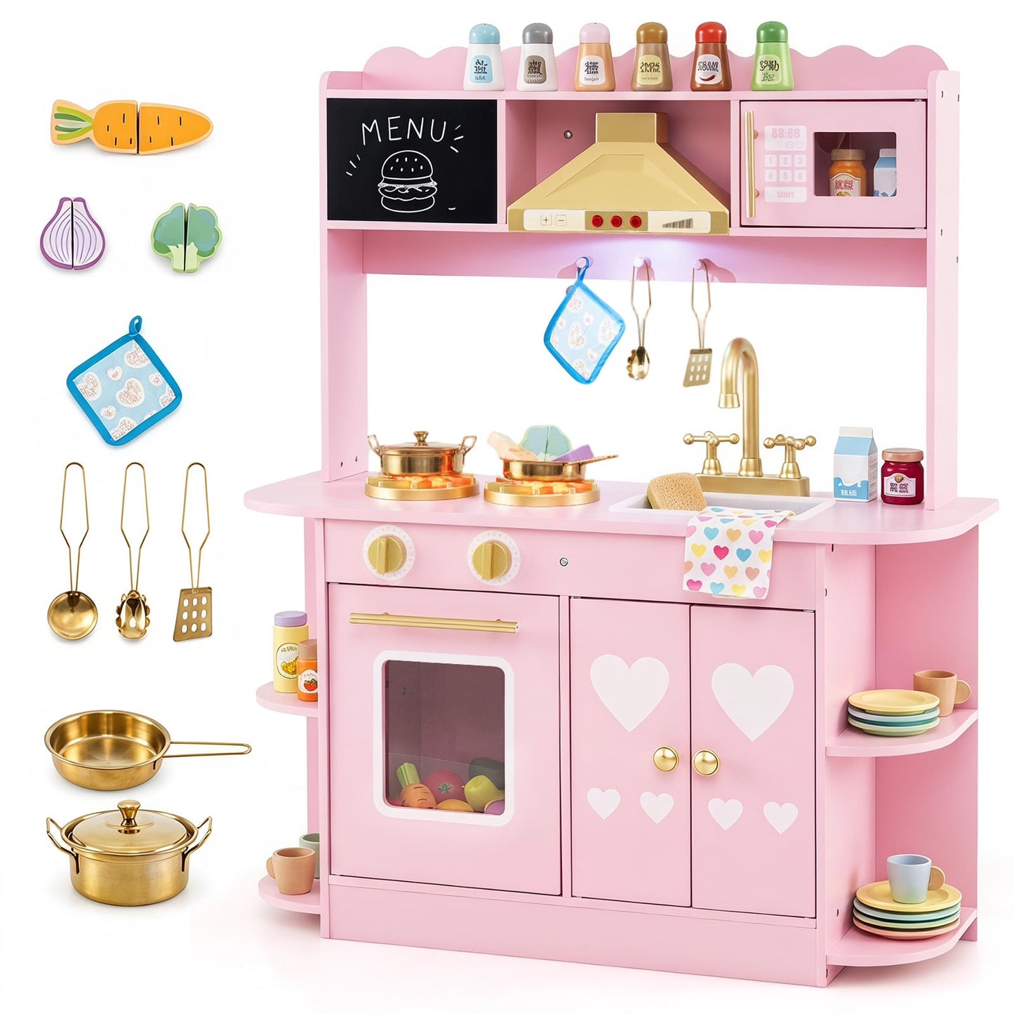 Wooden Play Kitchen with Real Lights Sounds and Storage for Kids Toddlers-Pink