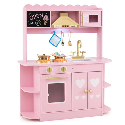 Wooden Play Kitchen with Real Lights Sounds and Storage for Kids Toddlers-Pink