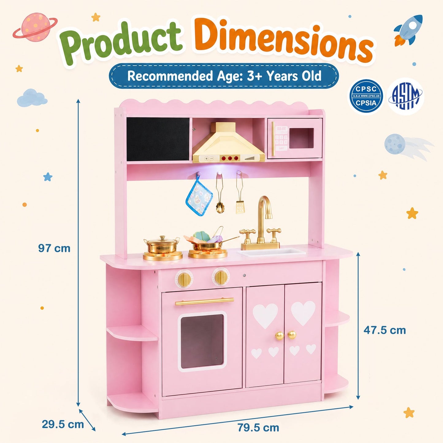 Wooden Play Kitchen with Real Lights Sounds and Storage for Kids Toddlers-Pink