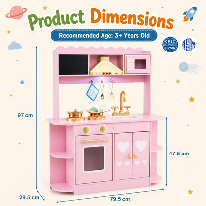 Wooden Play Kitchen with Real Lights Sounds and Storage for Kids Toddlers-Pink