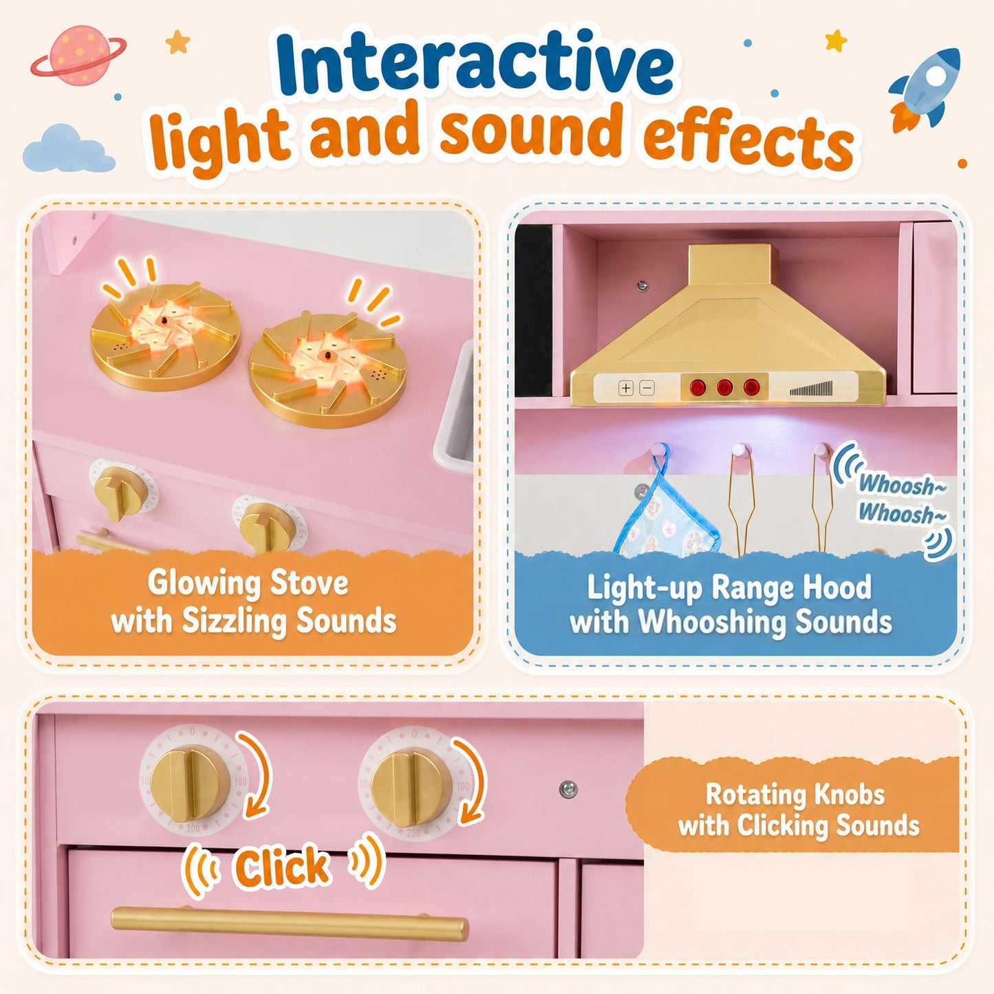 Wooden Play Kitchen with Real Lights Sounds and Storage for Kids Toddlers-Pink
