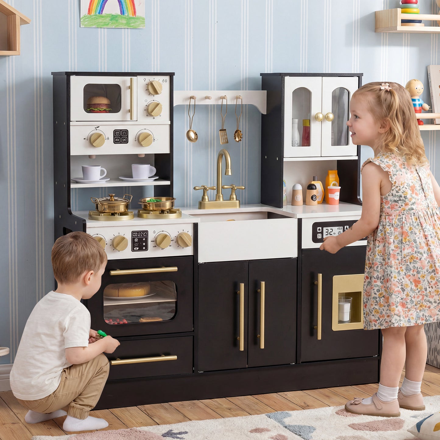 Wooden Play Kitchen with Realistic Lights and Sounds for Boys Girls 3+-Black