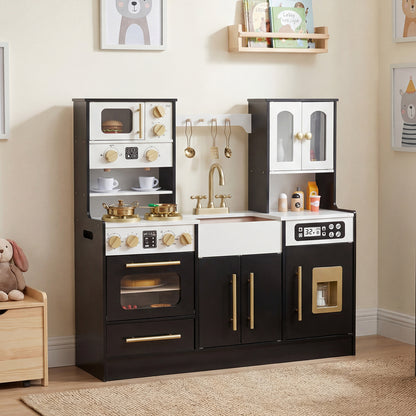 Wooden Play Kitchen with Realistic Lights and Sounds for Boys Girls 3+-Black