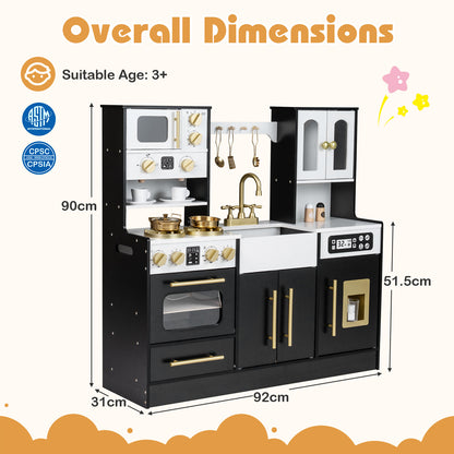 Wooden Play Kitchen with Realistic Lights and Sounds for Boys Girls 3+-Black