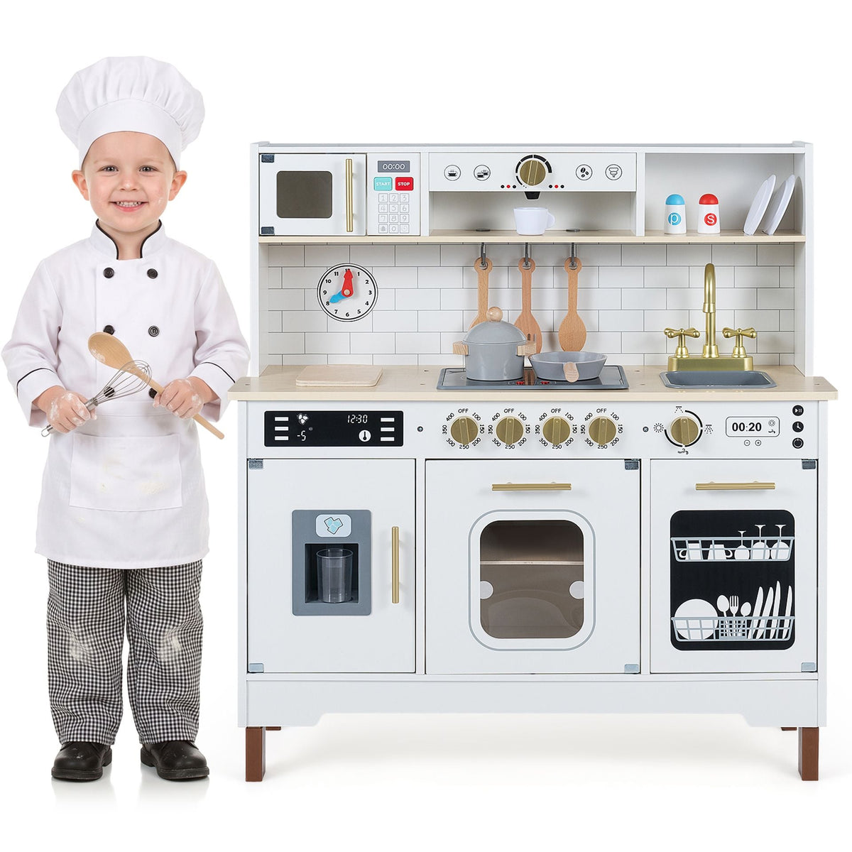 Wooden Pretend Toy Kitchen with Realistic Lights and Sounds-White