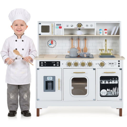 Wooden Pretend Toy Kitchen with Realistic Lights and Sounds-White
