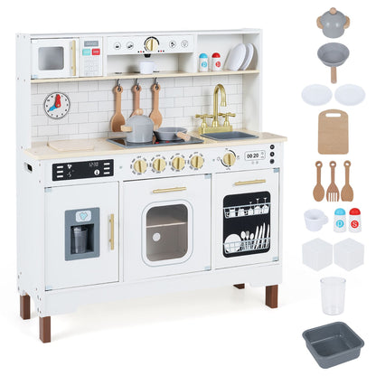 Wooden Pretend Toy Kitchen with Realistic Lights and Sounds-White