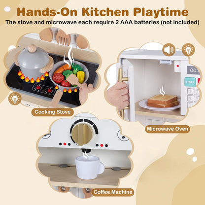 Wooden Pretend Toy Kitchen with Realistic Lights and Sounds-White