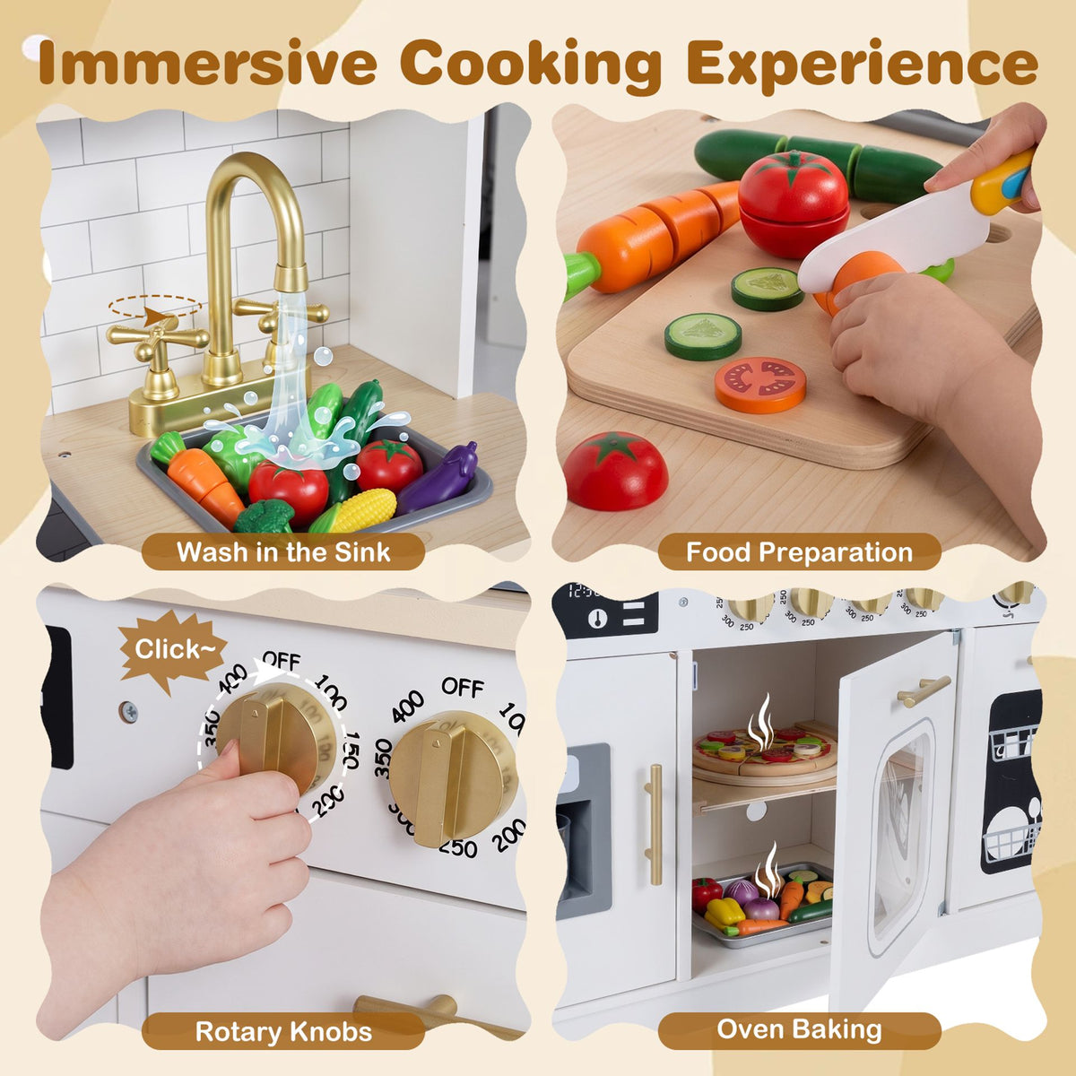 Wooden Pretend Toy Kitchen with Realistic Lights and Sounds-White
