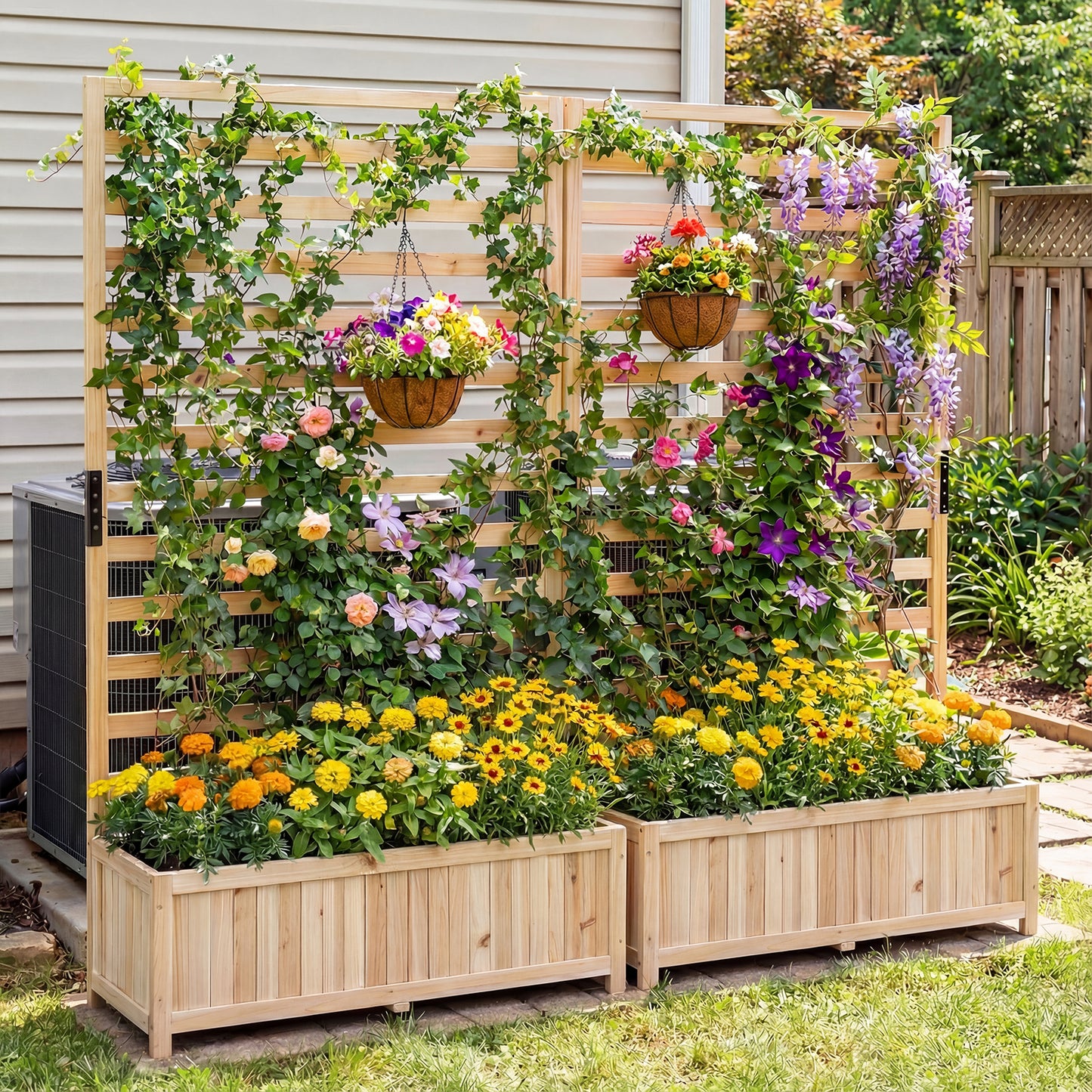 Wooden Raised Garden Bed 150 cm Tall Elevated Planter Box with Vertical Trellis-Natural