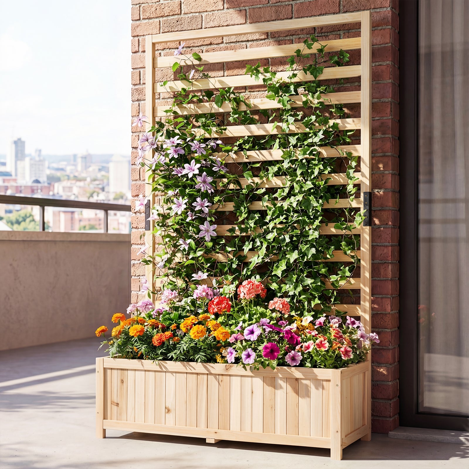 Wooden Raised Garden Bed 150 cm Tall Elevated Planter Box with Vertical Trellis-Natural