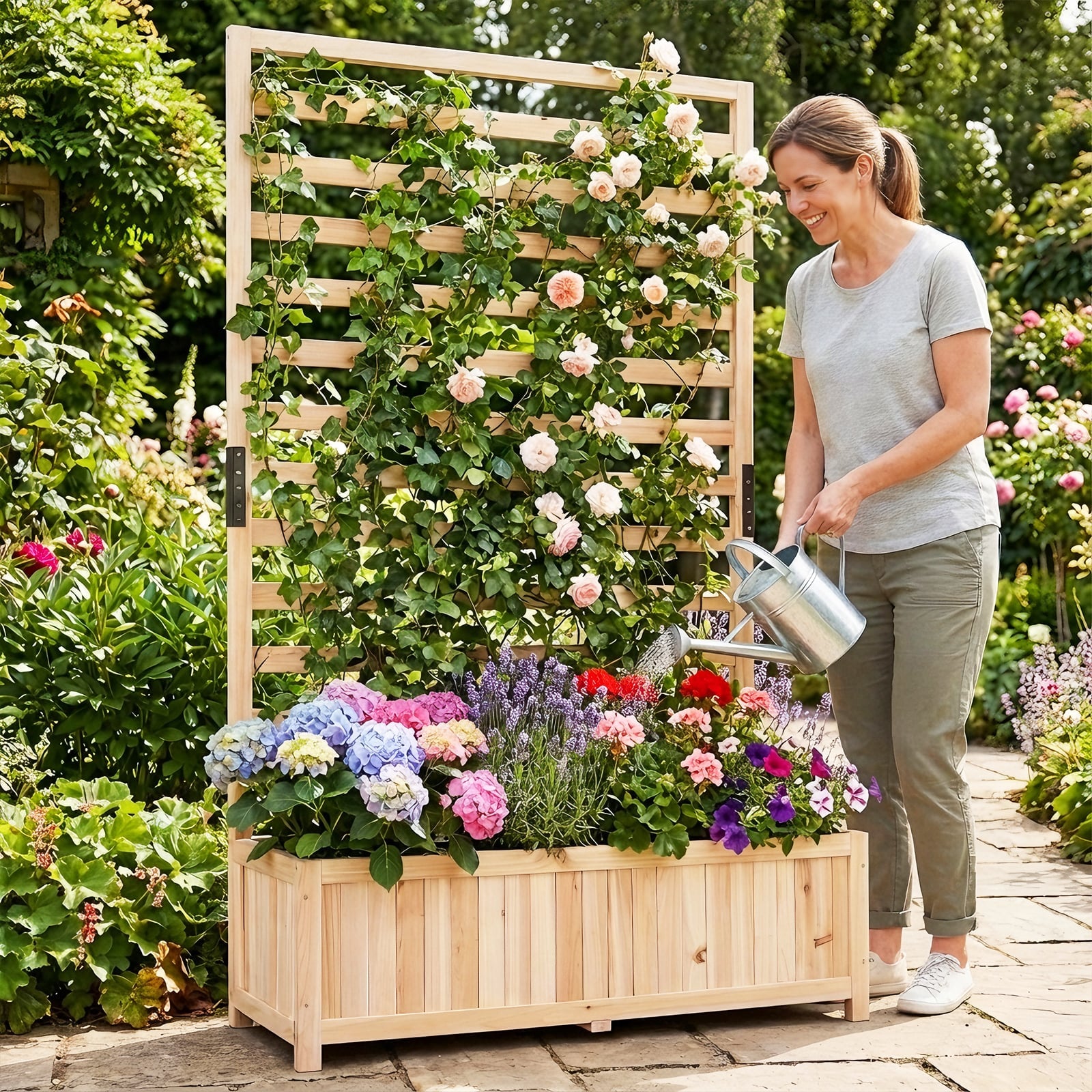 Wooden Raised Garden Bed 150 cm Tall Elevated Planter Box with Vertical Trellis-Natural