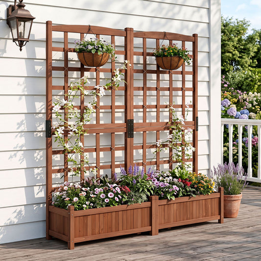 Wooden Raised Garden Bed with Trellis Dual Large Planter Boxes for Climbing Plants-Rustic Brown