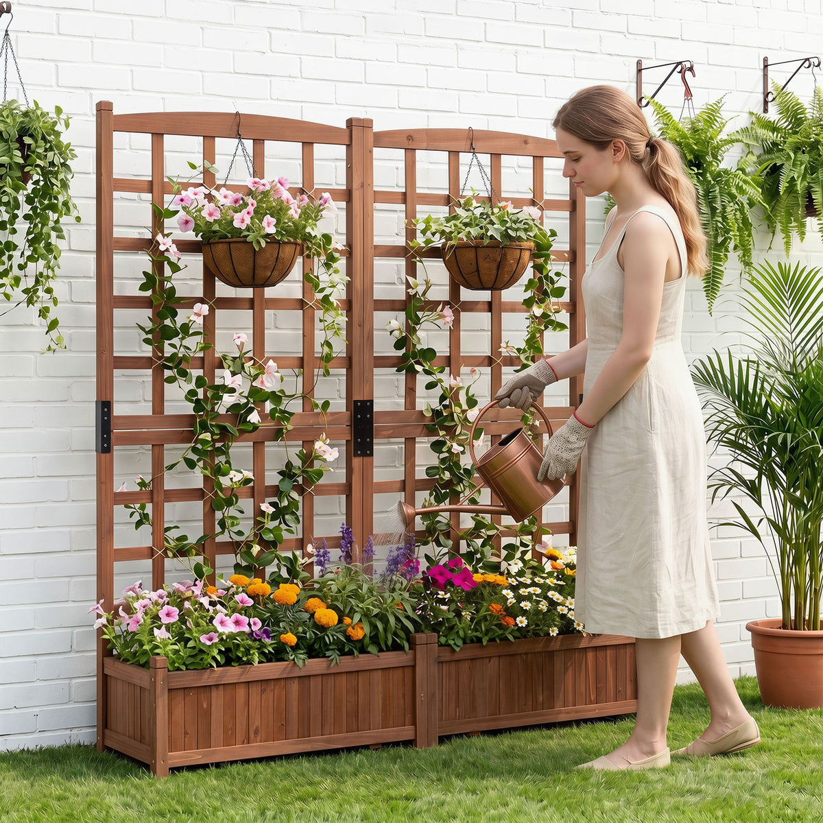 Wooden Raised Garden Bed with Trellis Dual Large Planter Boxes for Climbing Plants-Rustic Brown
