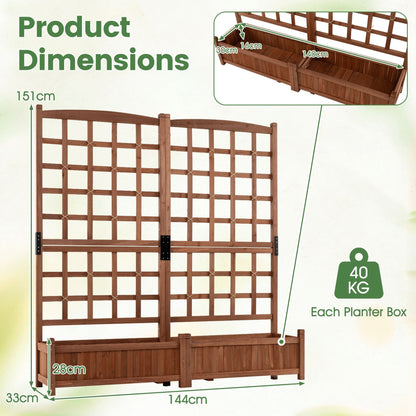 Wooden Raised Garden Bed with Trellis Dual Large Planter Boxes for Climbing Plants-Rustic Brown