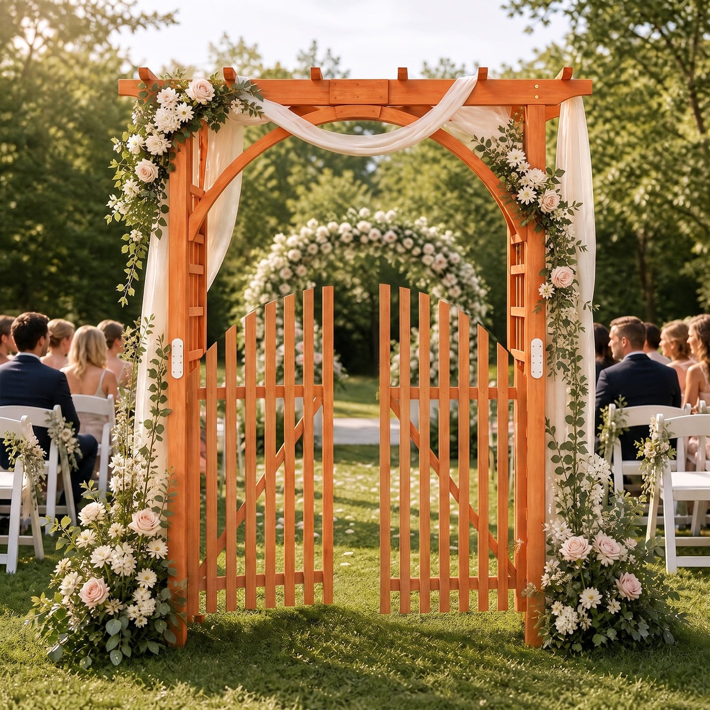 Wooden Rose Arch with Lockable Doors and Trellis for Climbing Plants-Orange