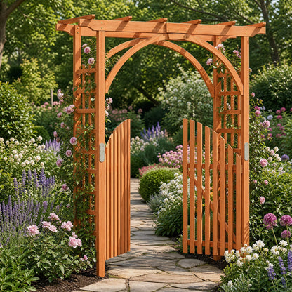 Wooden Rose Arch with Lockable Doors and Trellis for Climbing Plants-Orange