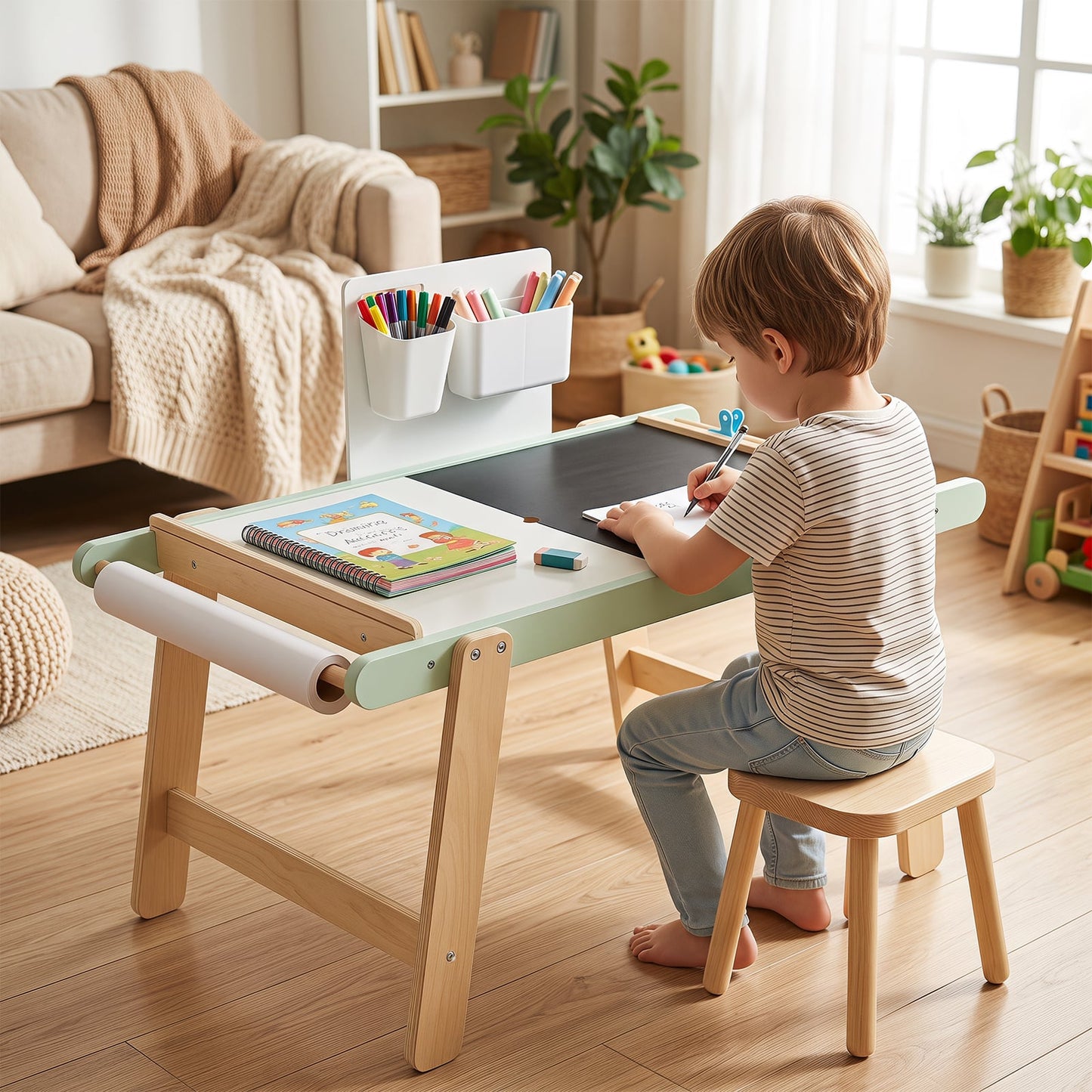 Wooden Sensory Table for Toddlers with Double-Sided Board for Kids-Green