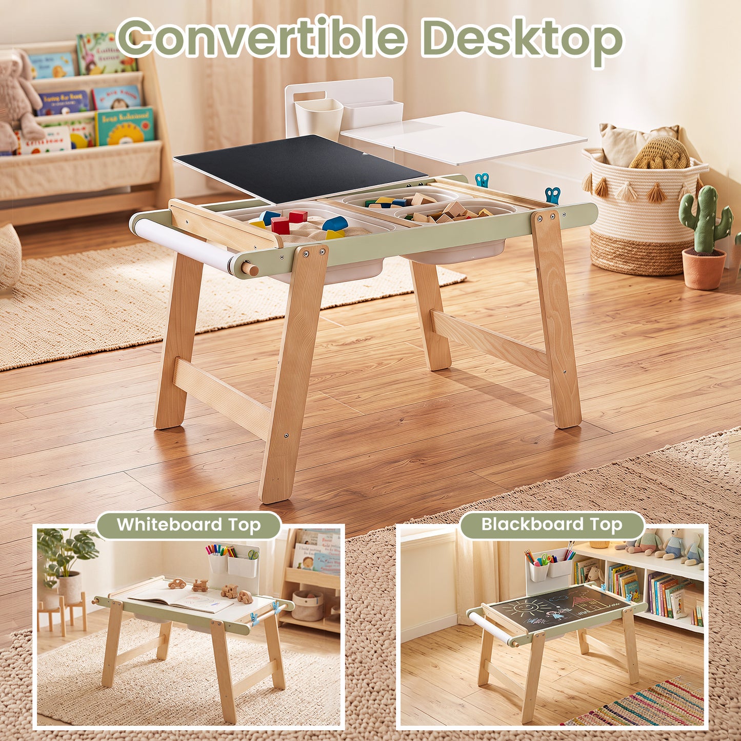 Wooden Sensory Table for Toddlers with Double-Sided Board for Kids-Green