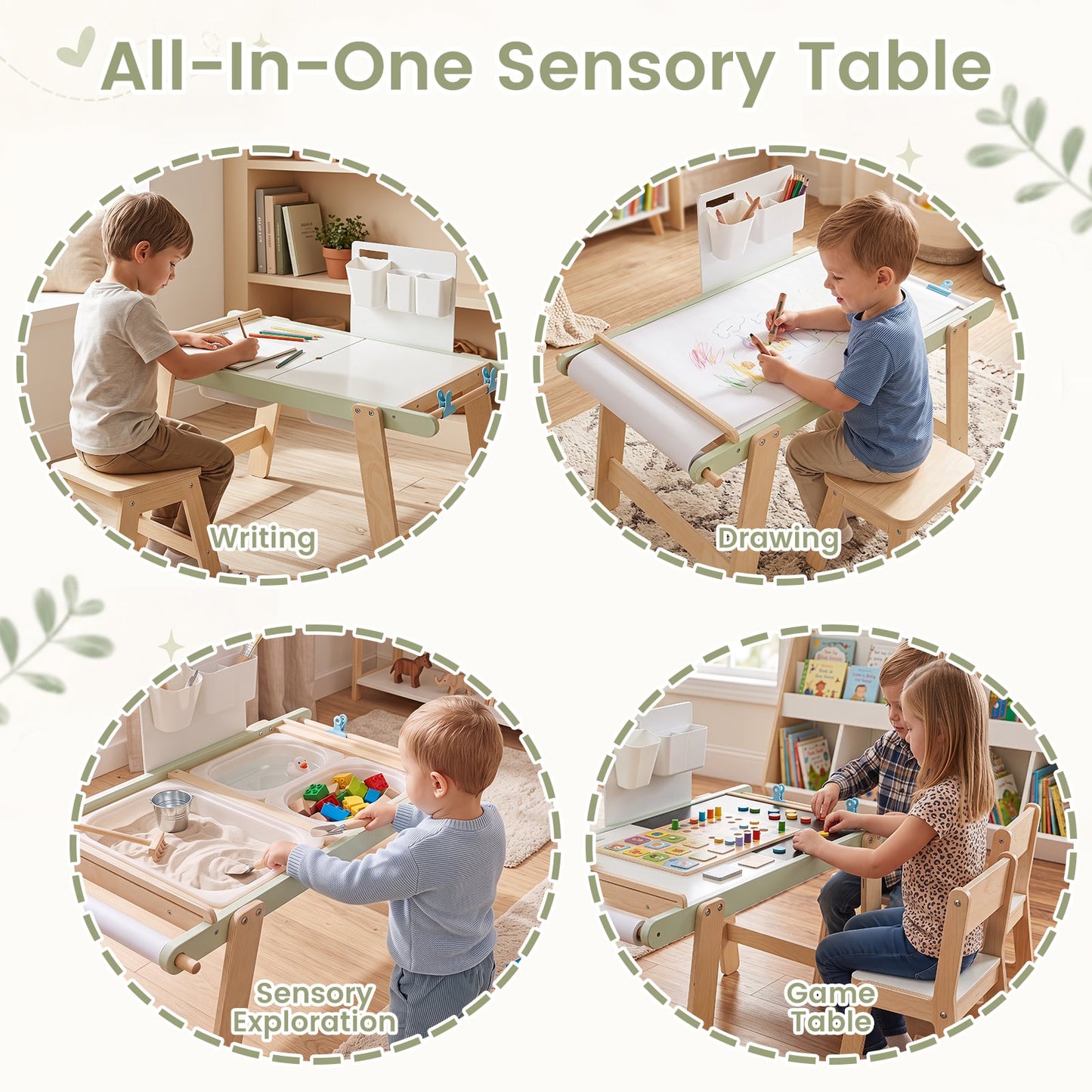 Wooden Sensory Table for Toddlers with Double-Sided Board for Kids-Green
