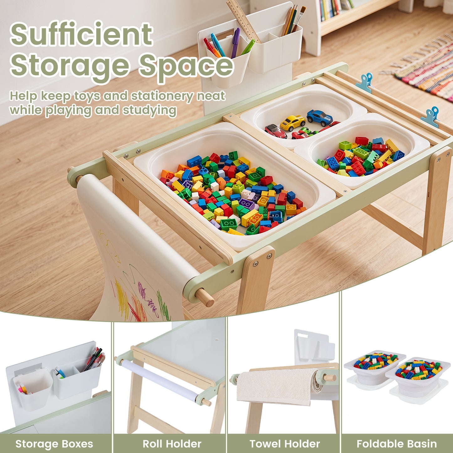Wooden Sensory Table for Toddlers with Double-Sided Board for Kids-Green