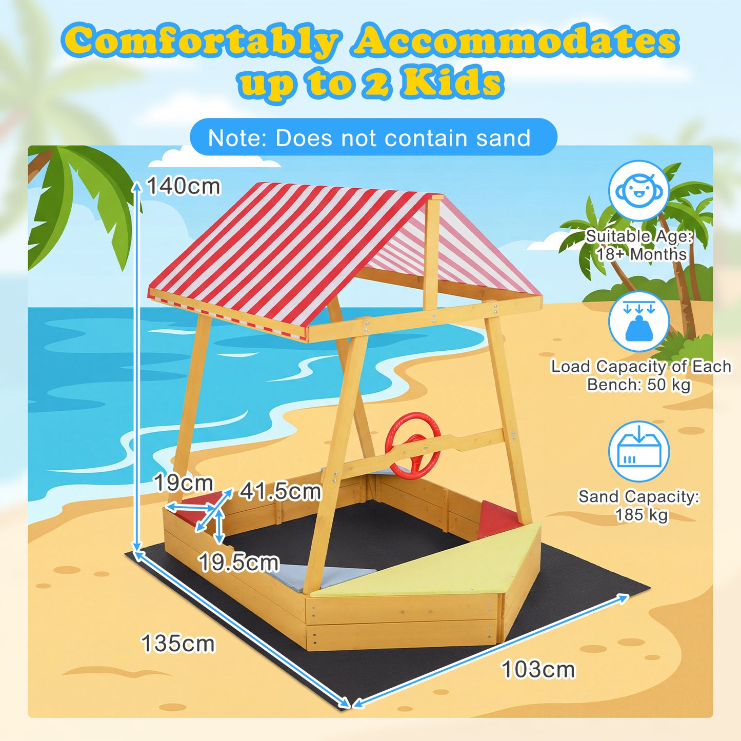 Wooden Ship-shaped Sandpit with Steering Wheel for Aged 18 Months+-Yellow