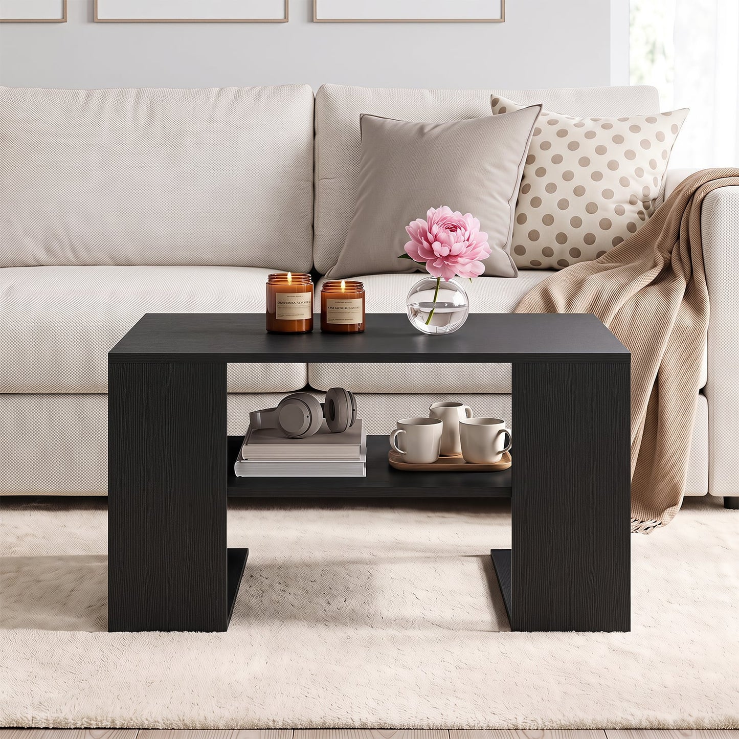 Wooden Square Coffee Table with Storage and Open Shelf for Living Room-Black