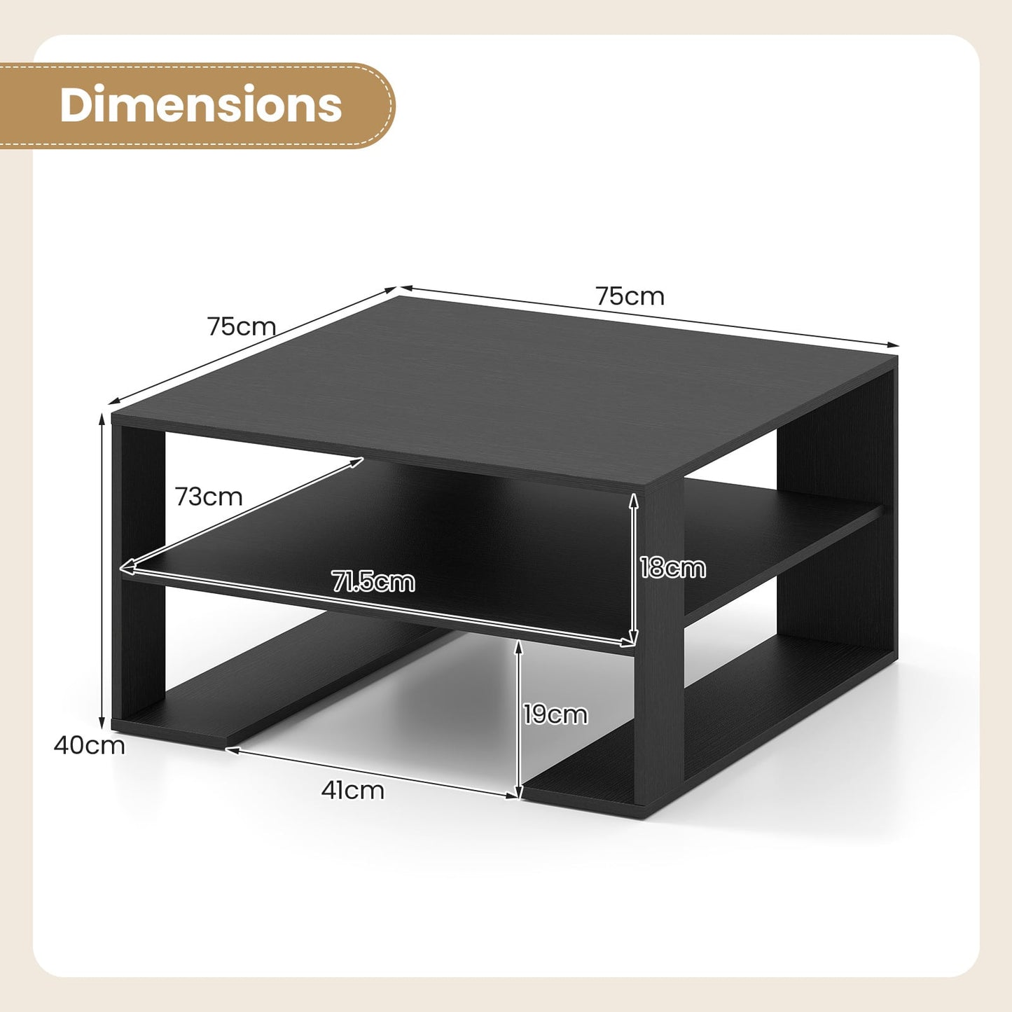 Wooden Square Coffee Table with Storage and Open Shelf for Living Room-Black