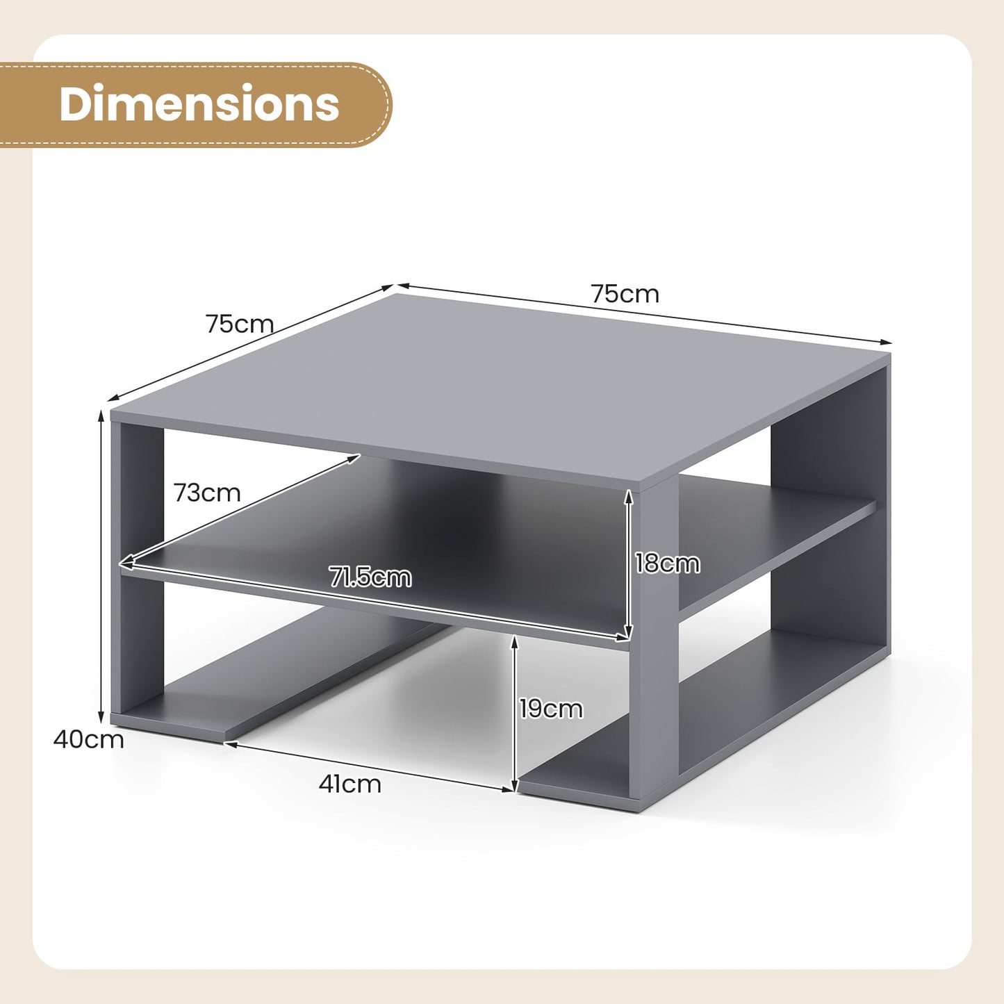 Wooden Square Coffee Table with Storage and Open Shelf for Living Room-Grey