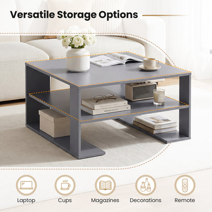 Wooden Square Coffee Table with Storage and Open Shelf for Living Room-Grey