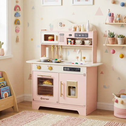 Wooden Toddler Play Kitchen with 17 Pieces Accessories-Pink