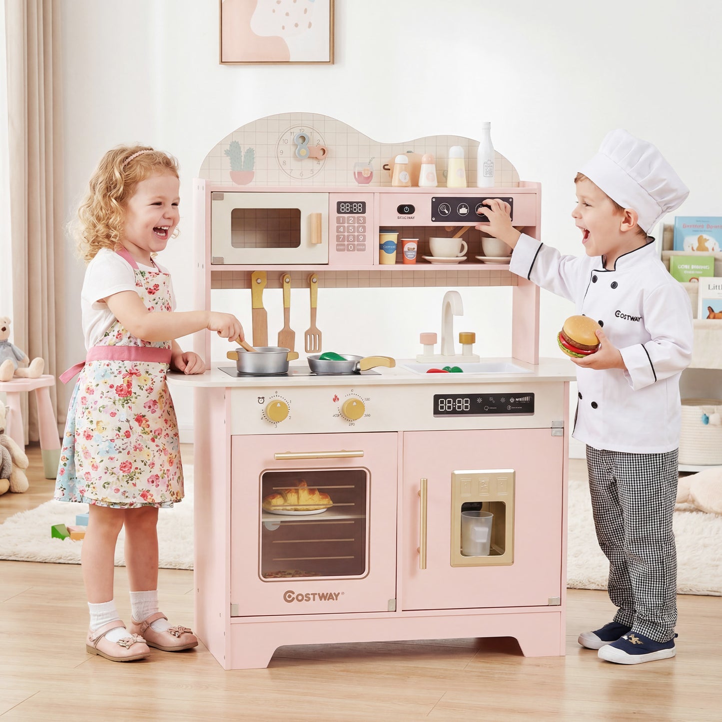 Wooden Toddler Play Kitchen with 17 Pieces Accessories-Pink
