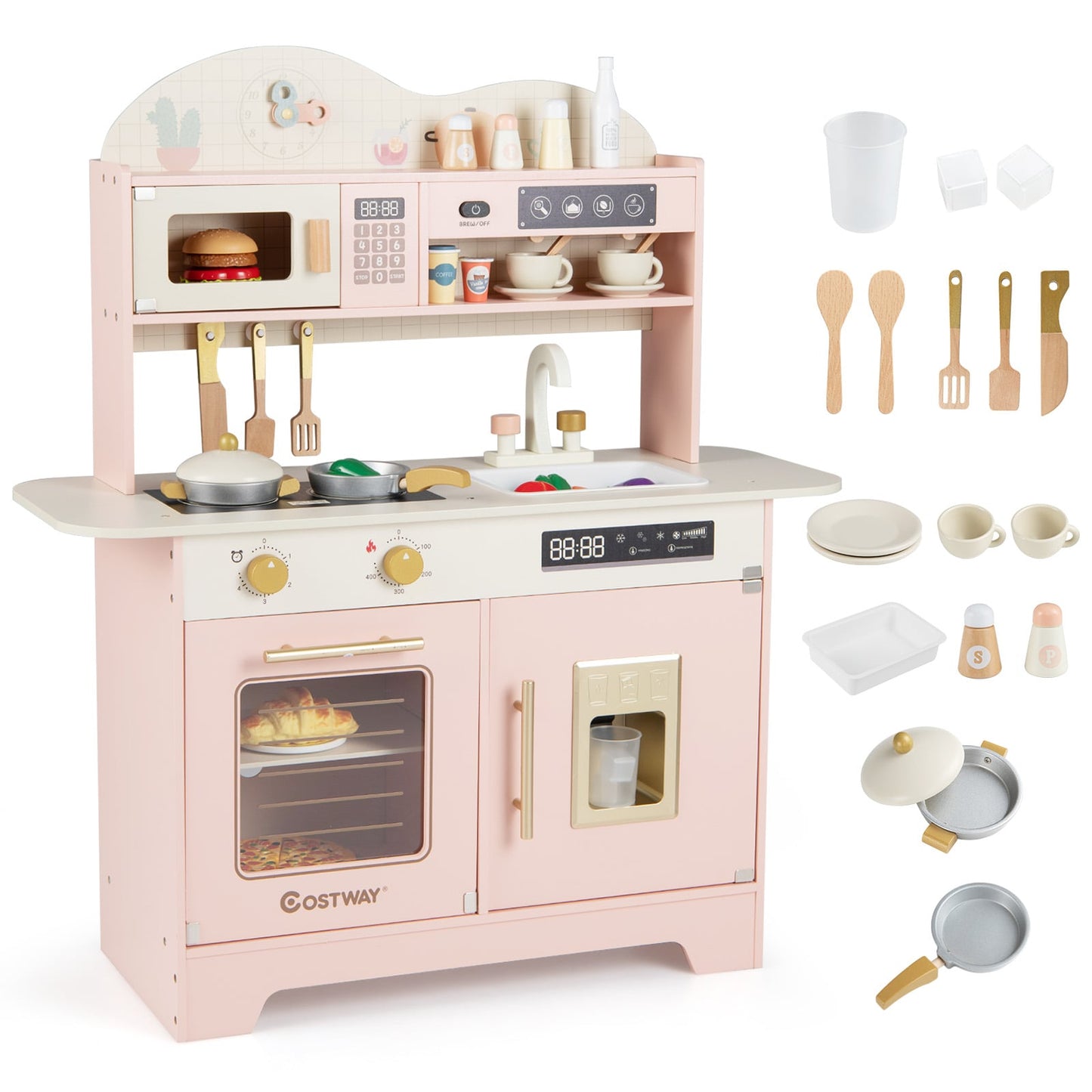 Wooden Toddler Play Kitchen with 17 Pieces Accessories-Pink