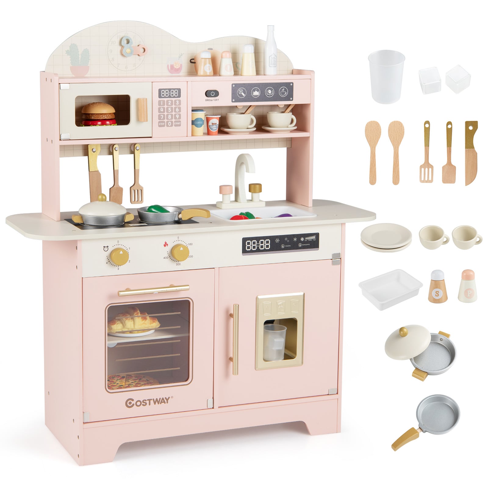 Wooden Toddler Play Kitchen with 17 Pieces Accessories-Pink