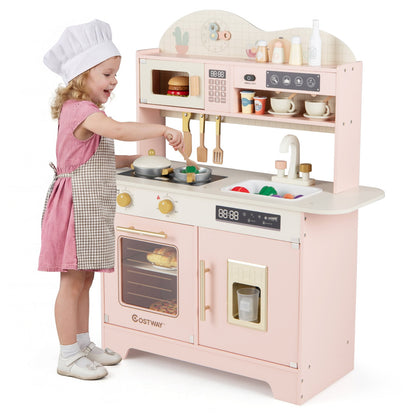Wooden Toddler Play Kitchen with 17 Pieces Accessories-Pink