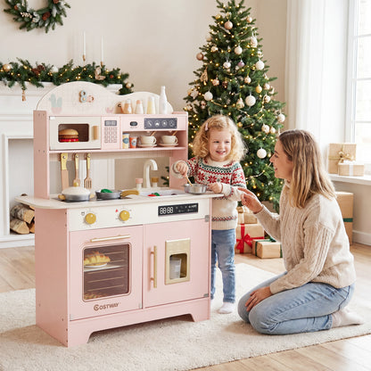 Wooden Toddler Play Kitchen with 17 Pieces Accessories-Pink
