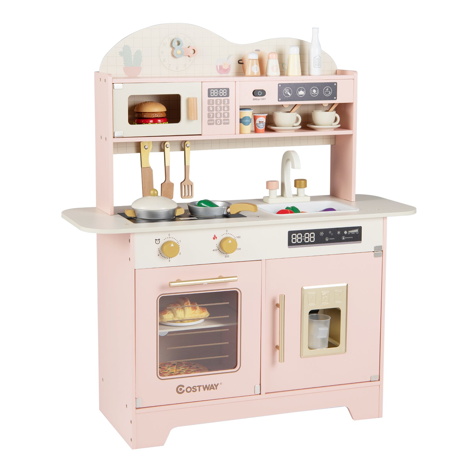 Wooden Toddler Play Kitchen with 17 Pieces Accessories-Pink