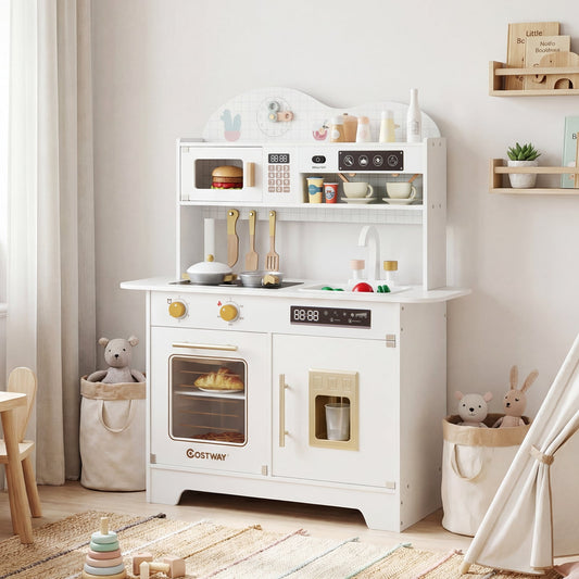 Wooden Toddler Play Kitchen with 17 Pieces Accessories-White