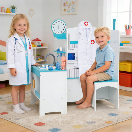 Wooden Toy Medical Center Playset with Faucet and ECG Monitor for Aged 3-6-Blue