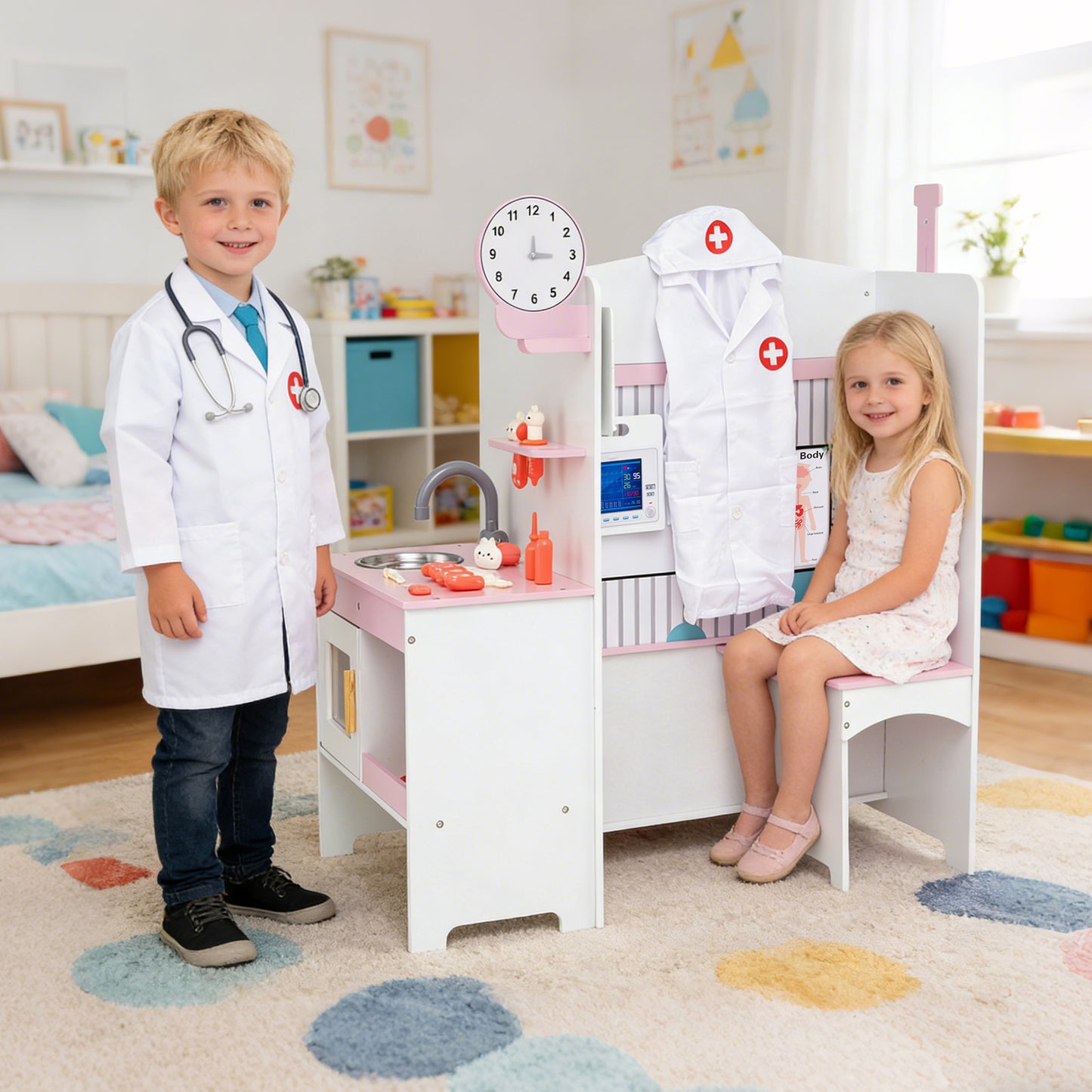 Wooden Toy Medical Center Playset with Faucet and ECG Monitor for Aged 3-6-Pink