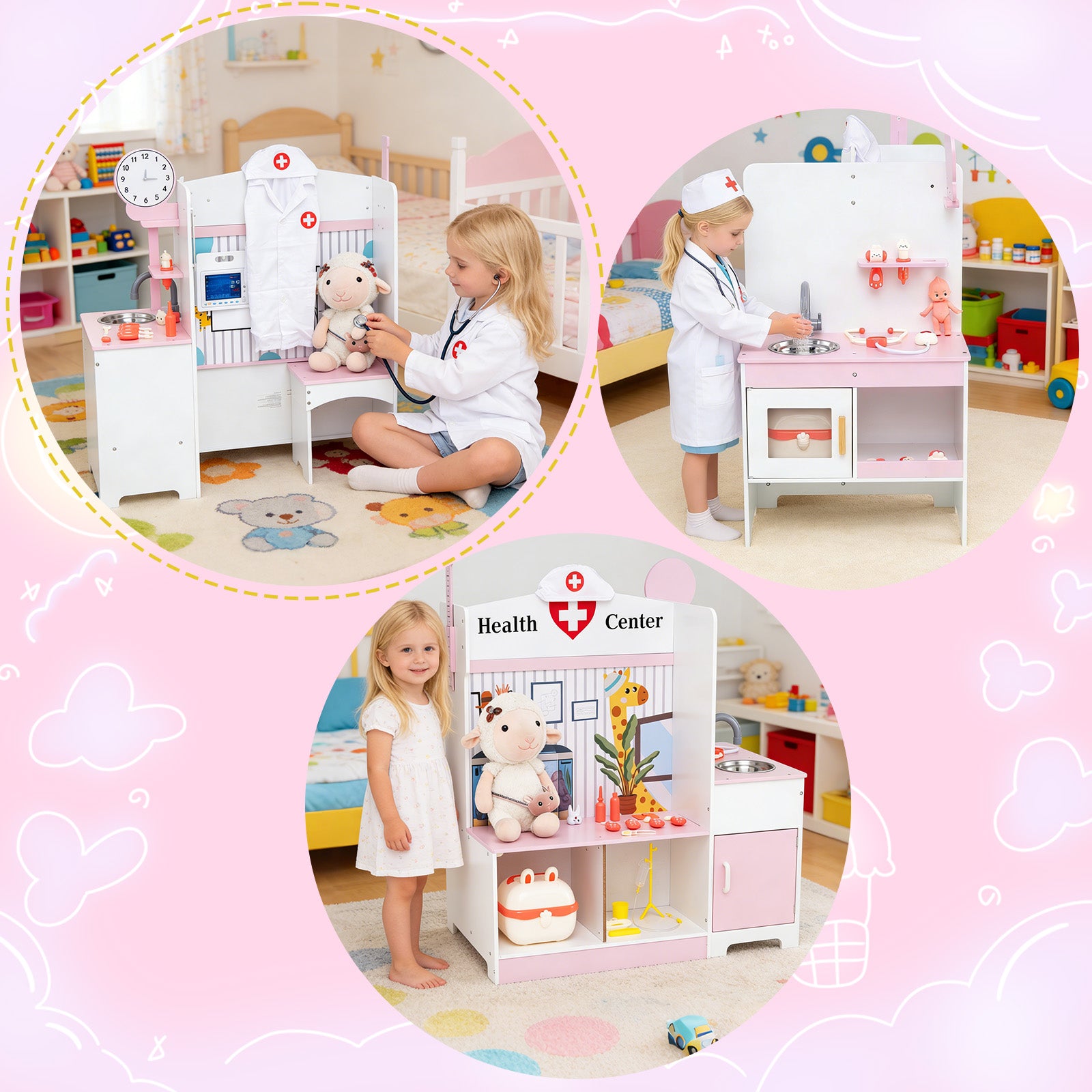Wooden Toy Medical Center Playset with Faucet and ECG Monitor for Aged 3-6-Pink