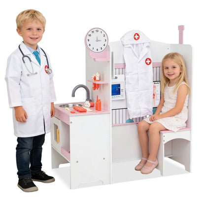 Wooden Toy Medical Center Playset with Faucet and ECG Monitor for Aged 3-6-Pink