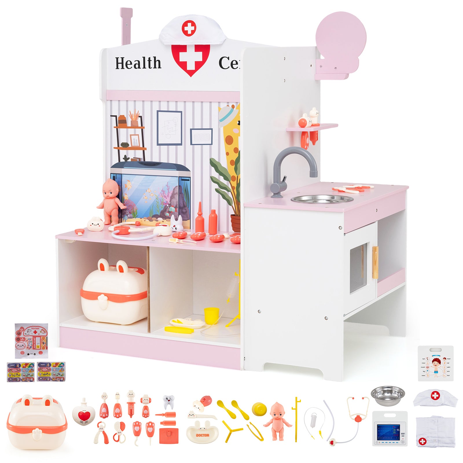 Wooden Toy Medical Center Playset with Faucet and ECG Monitor for Aged 3-6-Pink