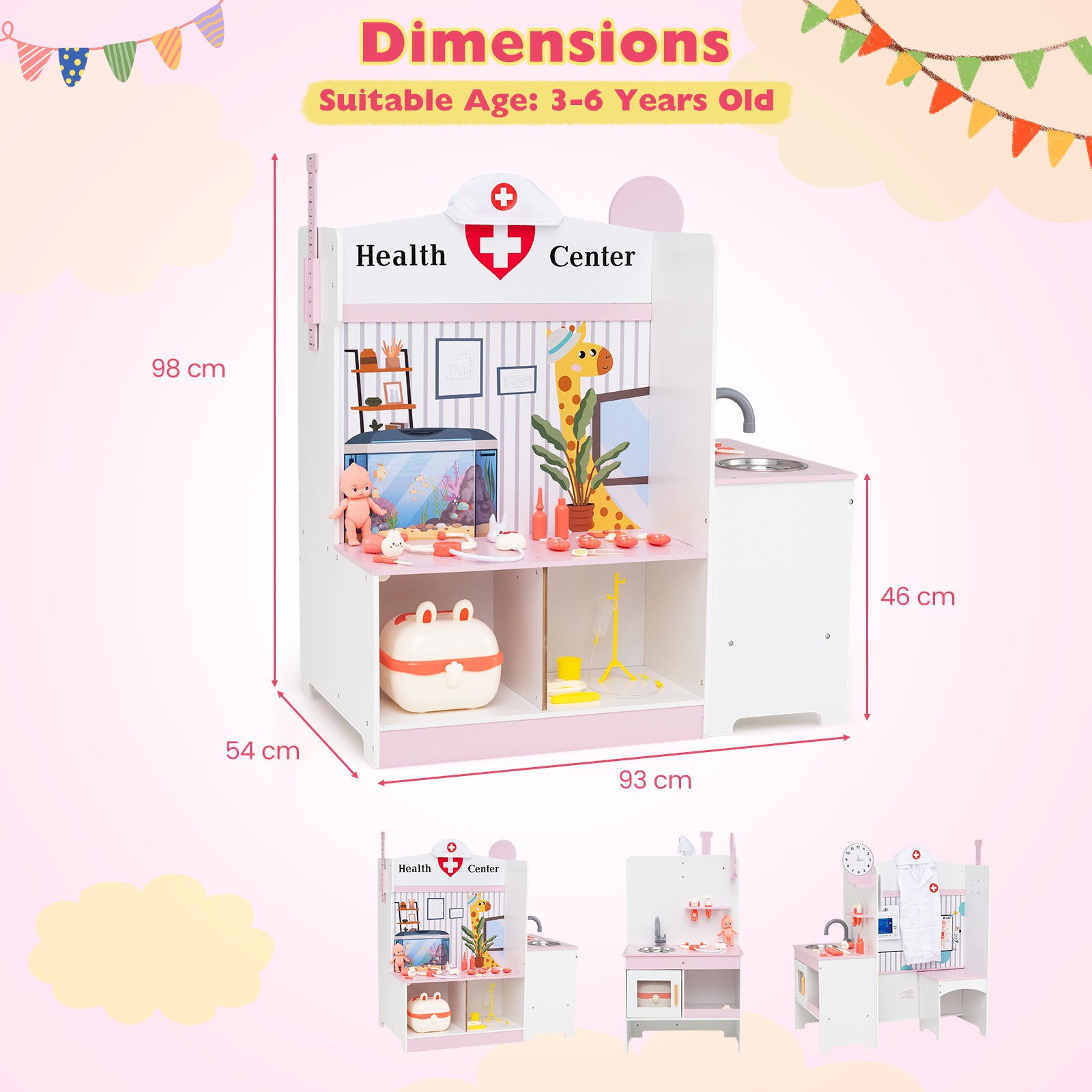 Wooden Toy Medical Center Playset with Faucet and ECG Monitor for Aged 3-6-Pink