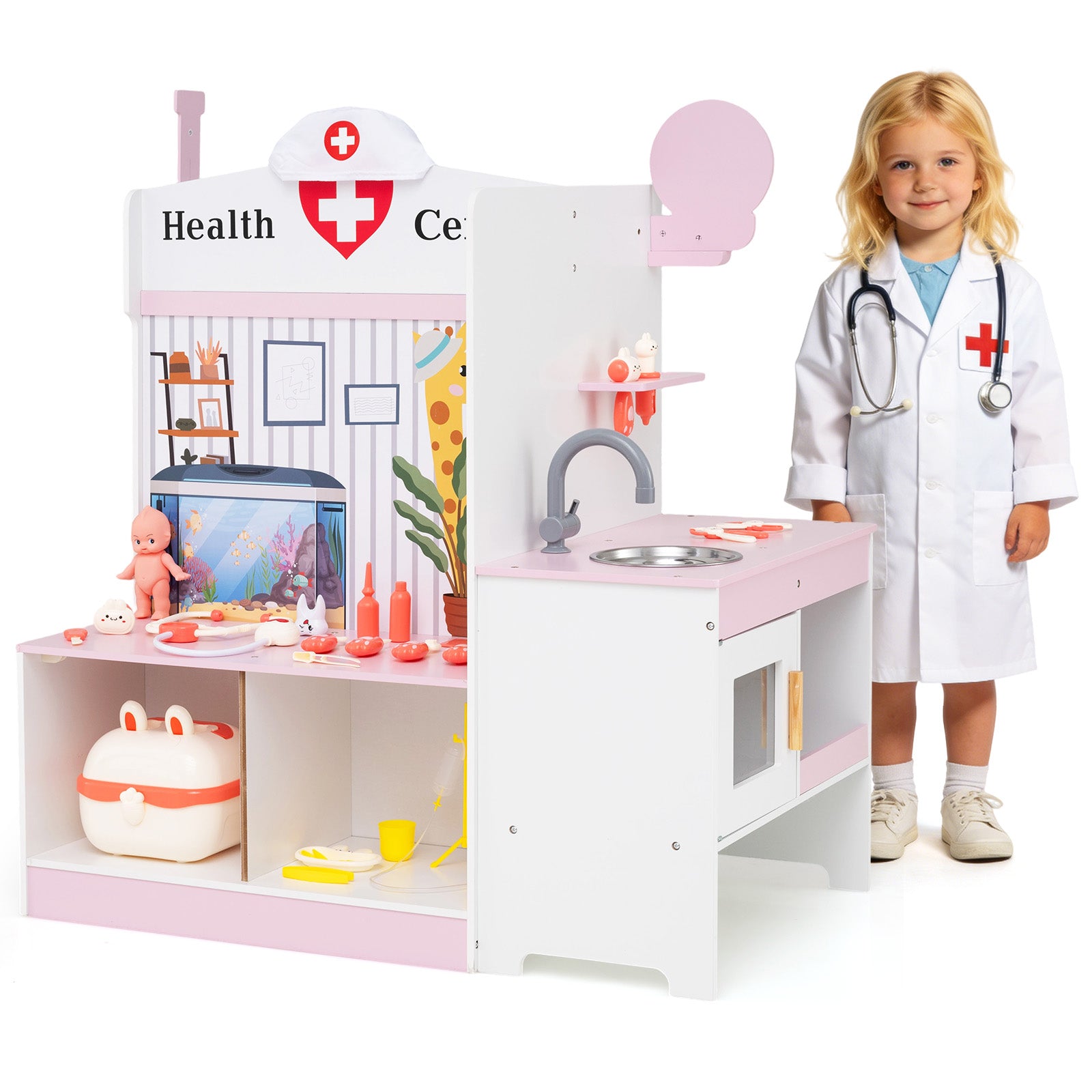 Wooden Toy Medical Center Playset with Faucet and ECG Monitor for Aged 3-6-Pink